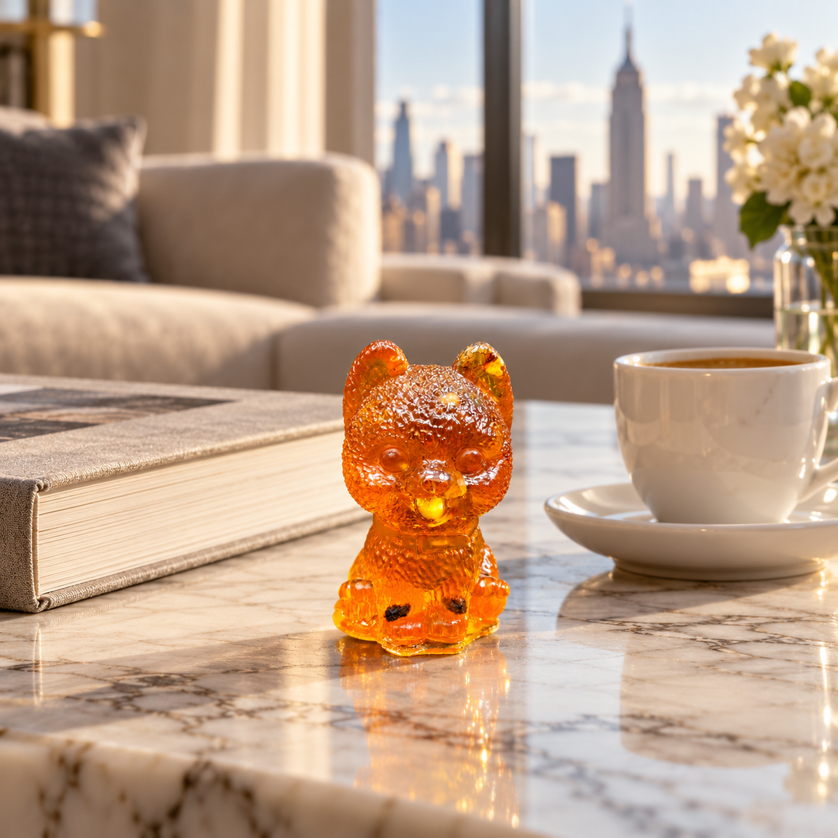 Amber fluffy puppy on a veined tabletop between a large book and a white cup and saucer, with a sofa and skyline behind.