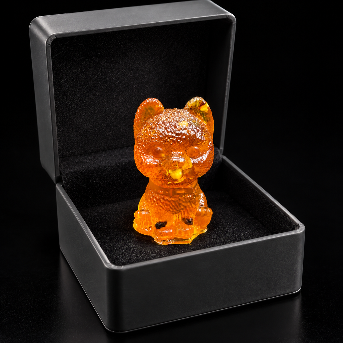 Amber fluffy puppy facing forward inside an open charcoal gift box, its upright ears and textured head framed by black lining.