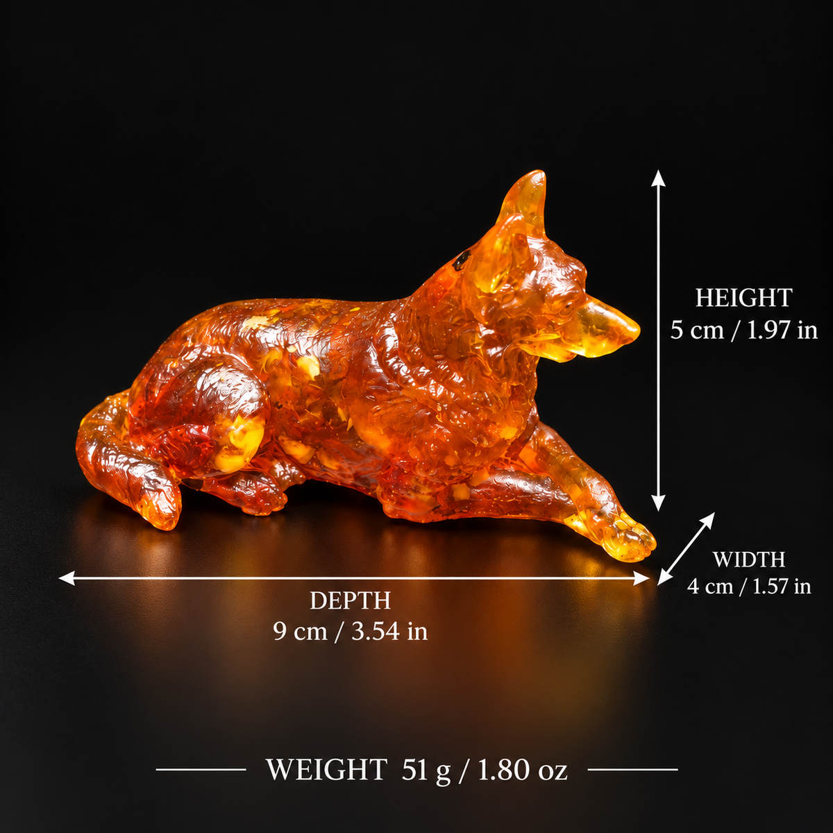 Reclining amber German Shepherd size chart: height 5 cm (1.97 in), depth 9 cm (3.54 in), width 4 cm (1.57 in), weight 51 g (1.80 oz).