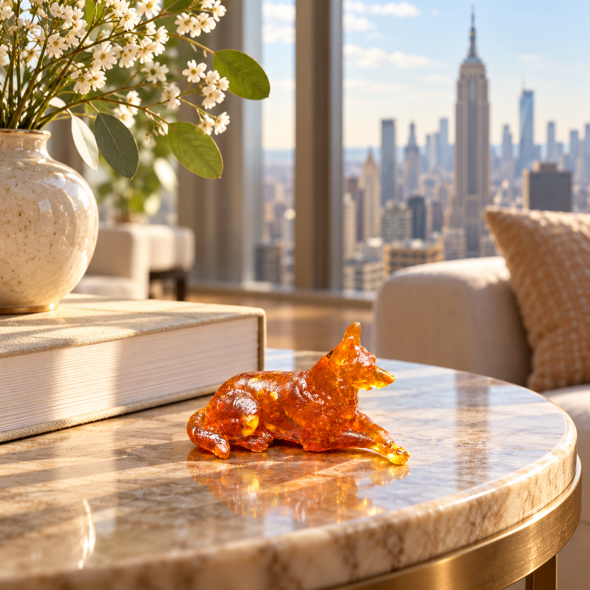 Amber German Shepherd reclining on a round veined table beside a book and flower vase, with a sunlit city skyline beyond.