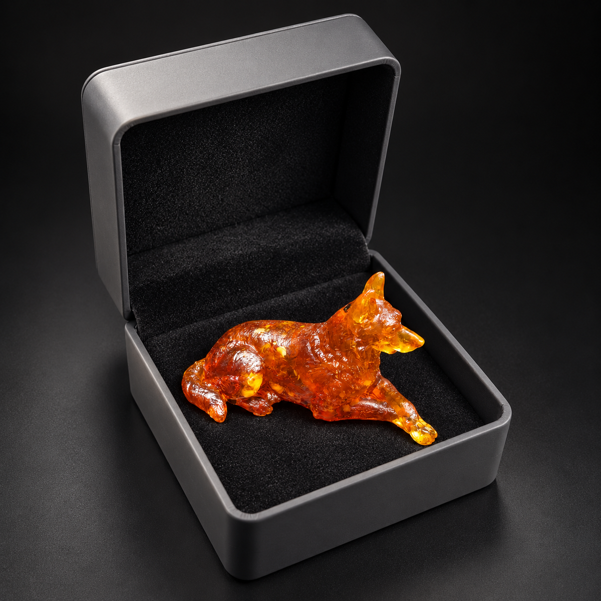 Reclining amber German Shepherd displayed lengthwise in an open charcoal gift box, with crossed paws resting on the black insert.