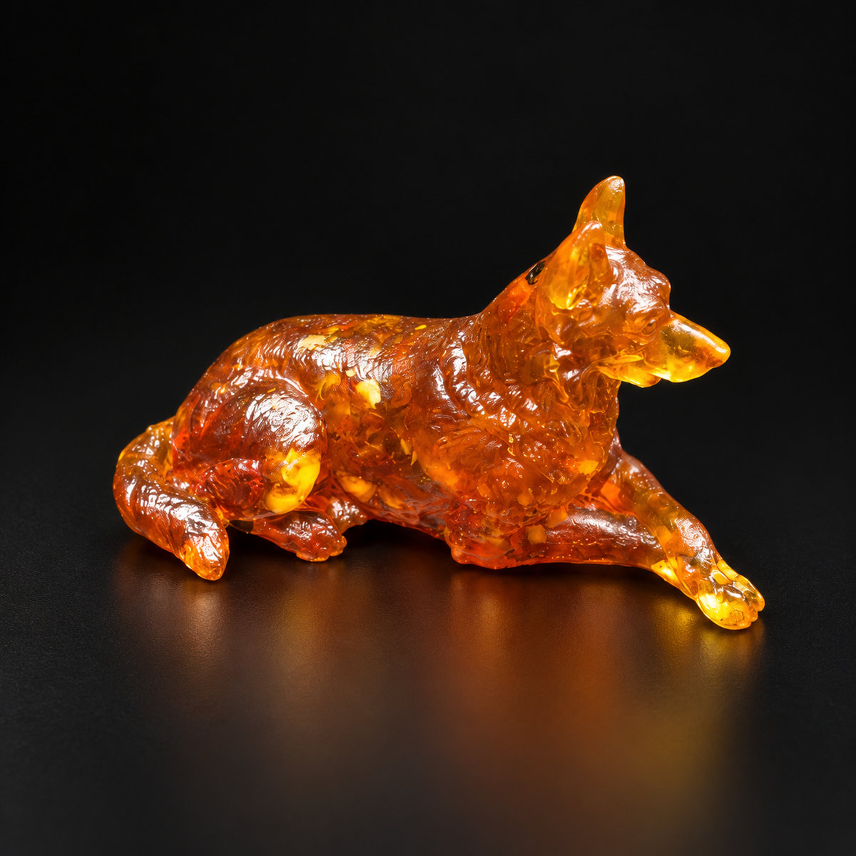 Right-facing amber German Shepherd reclining with raised ears and crossed front paws, its textured coat reflected on black.