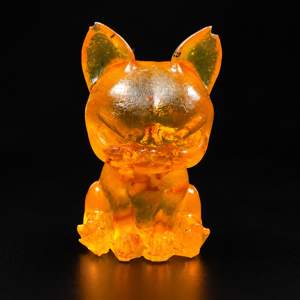 Front view of an amber cartoon bulldog with tall pointed ears, a deeply furrowed brow and small seated paws, against black.