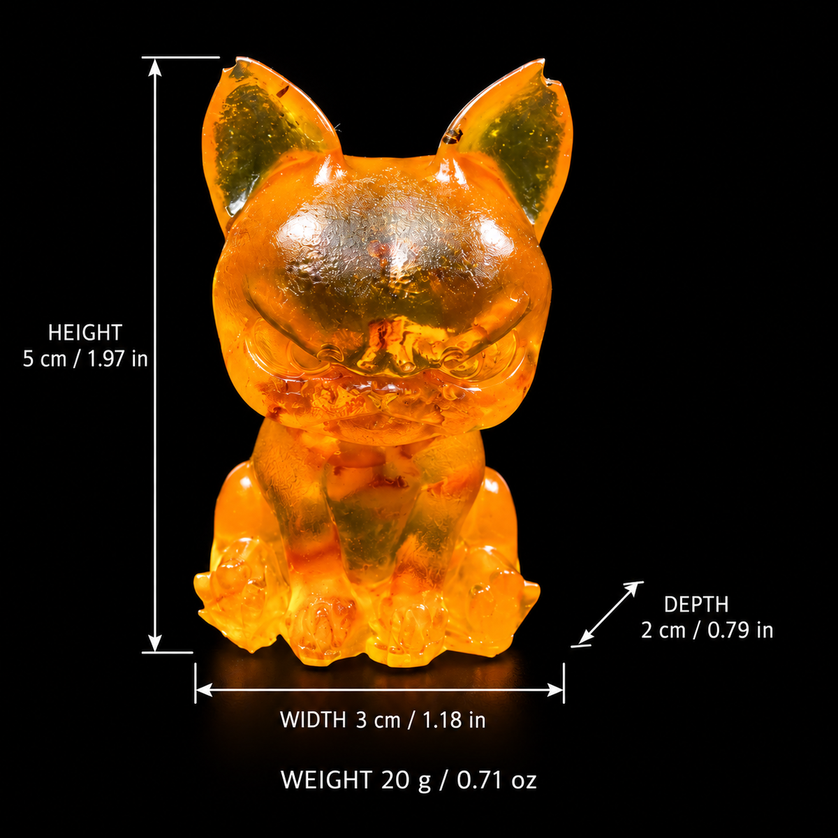 Amber cartoon bulldog size chart: height 5 cm (1.97 in), depth 2 cm (0.79 in), width 3 cm (1.18 in), weight 20 g (0.71 oz).