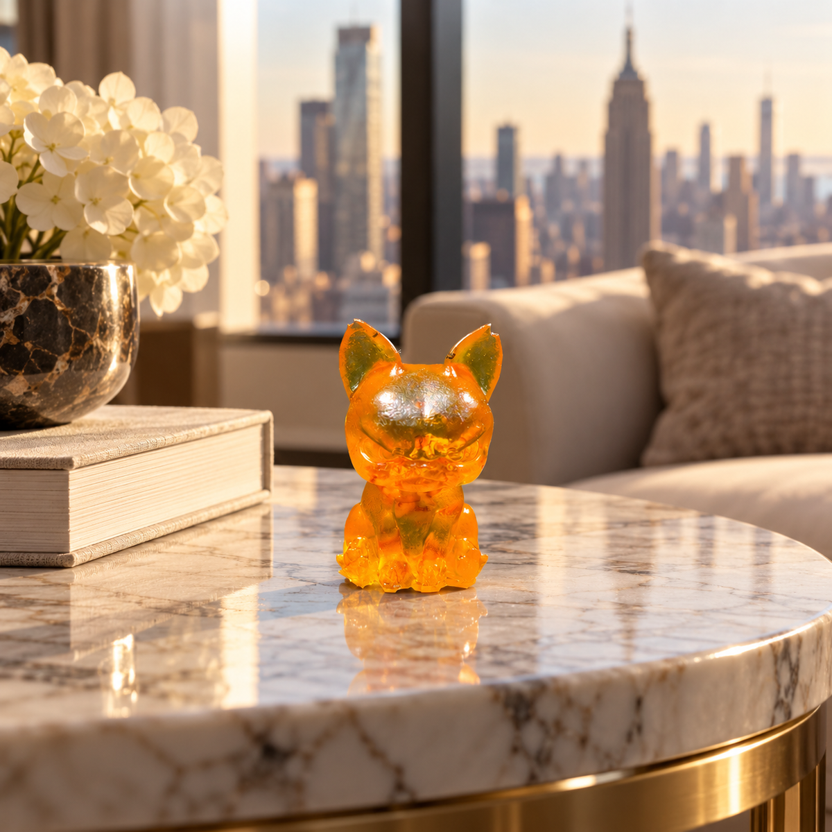 Small amber cartoon bulldog on a round veined table near a book and white flowers, with a cream sofa and city view behind.