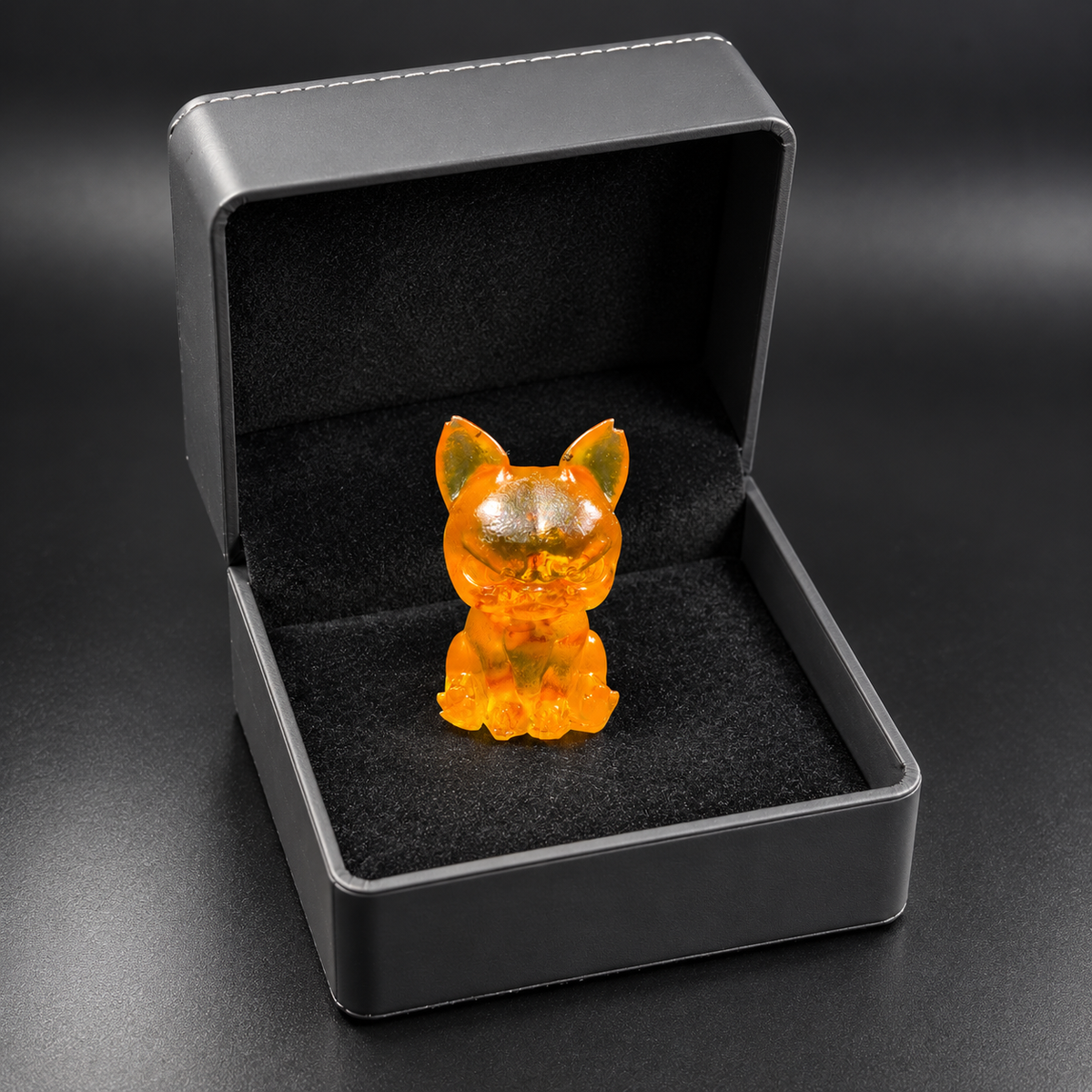 Pointed-eared amber cartoon bulldog seated at the center of a black-lined charcoal gift box with its hinged lid open.