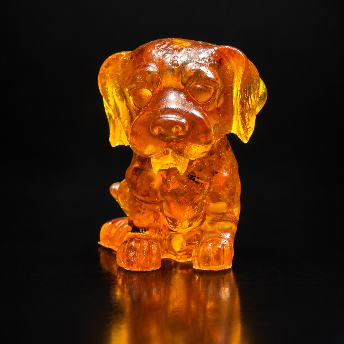 Amber cartoon hound puppy with drooping eyes, long hanging ears and broad front paws, seated on a reflective black surface.