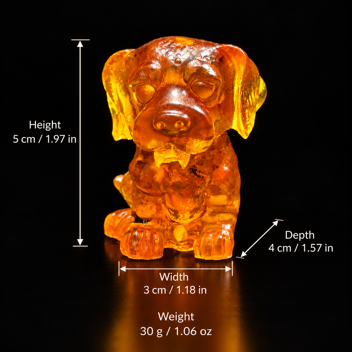 Amber cartoon hound puppy size chart: height 5 cm (1.97 in), depth 4 cm (1.57 in), width 3 cm (1.18 in), weight 30 g (1.06 oz).