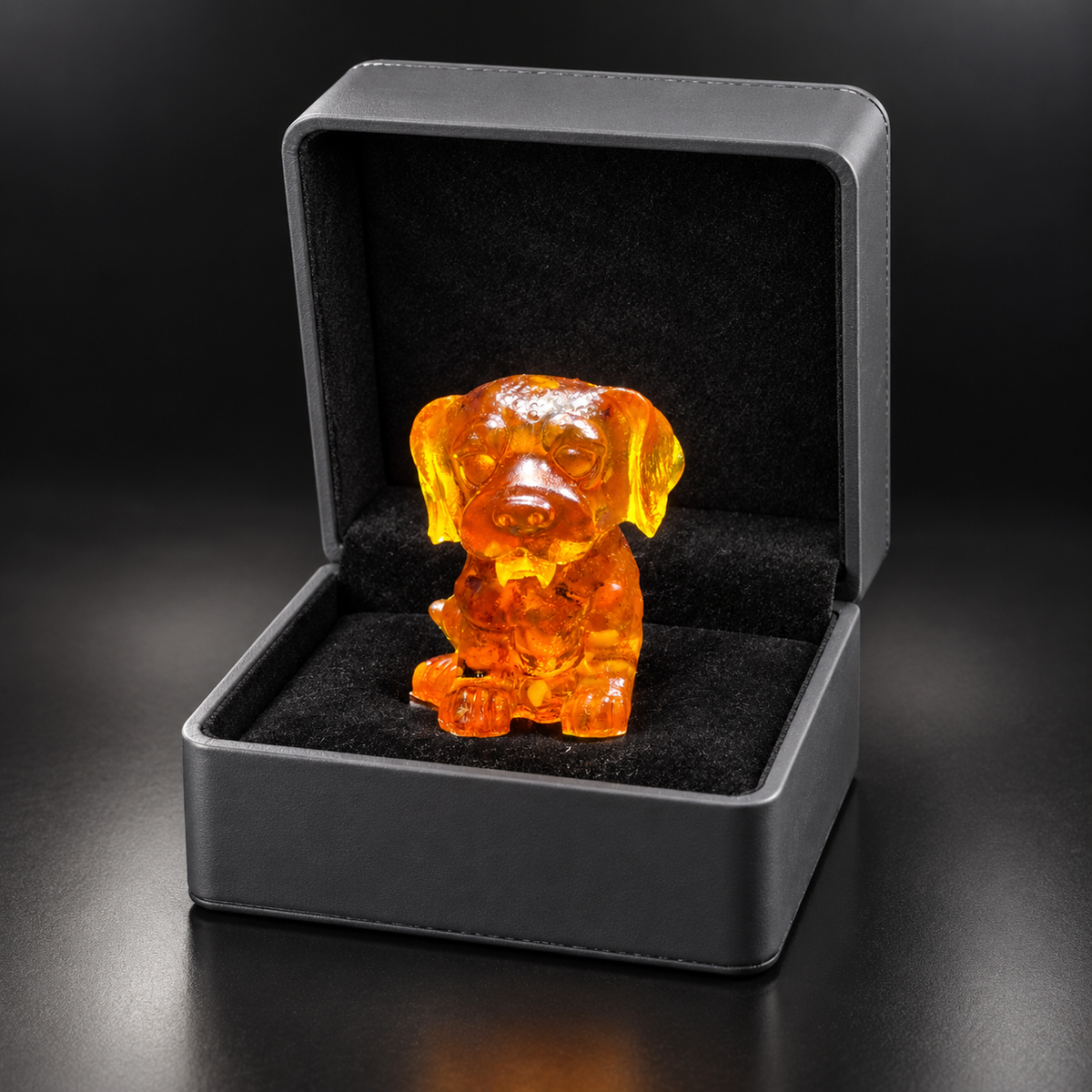Long-eared amber hound puppy seated facing forward in an open charcoal gift box, with its paws on the black padded insert.