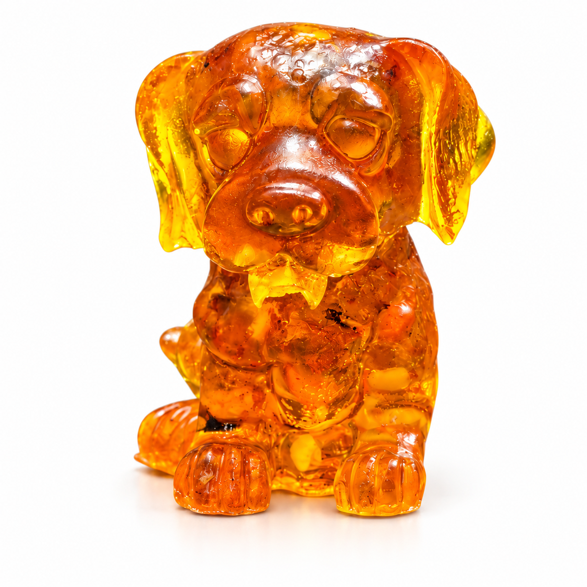 Cartoon hound puppy figurine on white, with droopy eyelids, long golden ears and a broad amber muzzle above its small tongue.