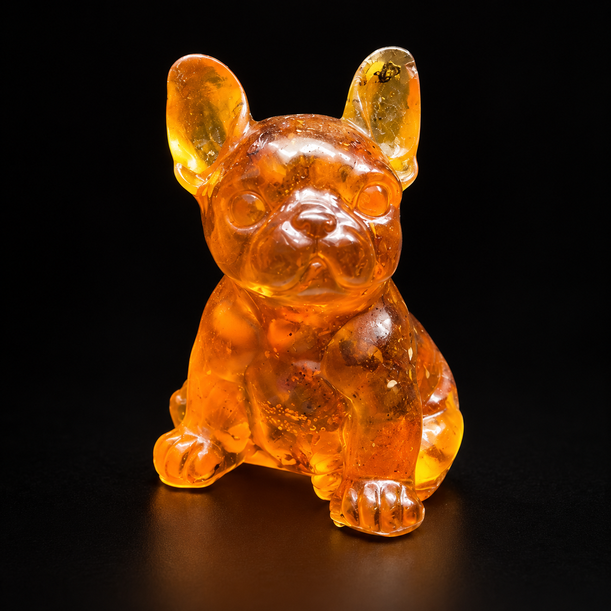 Three-quarter view of a seated amber French Bulldog with upright bat ears, a flat muzzle and a smooth chest, against black.