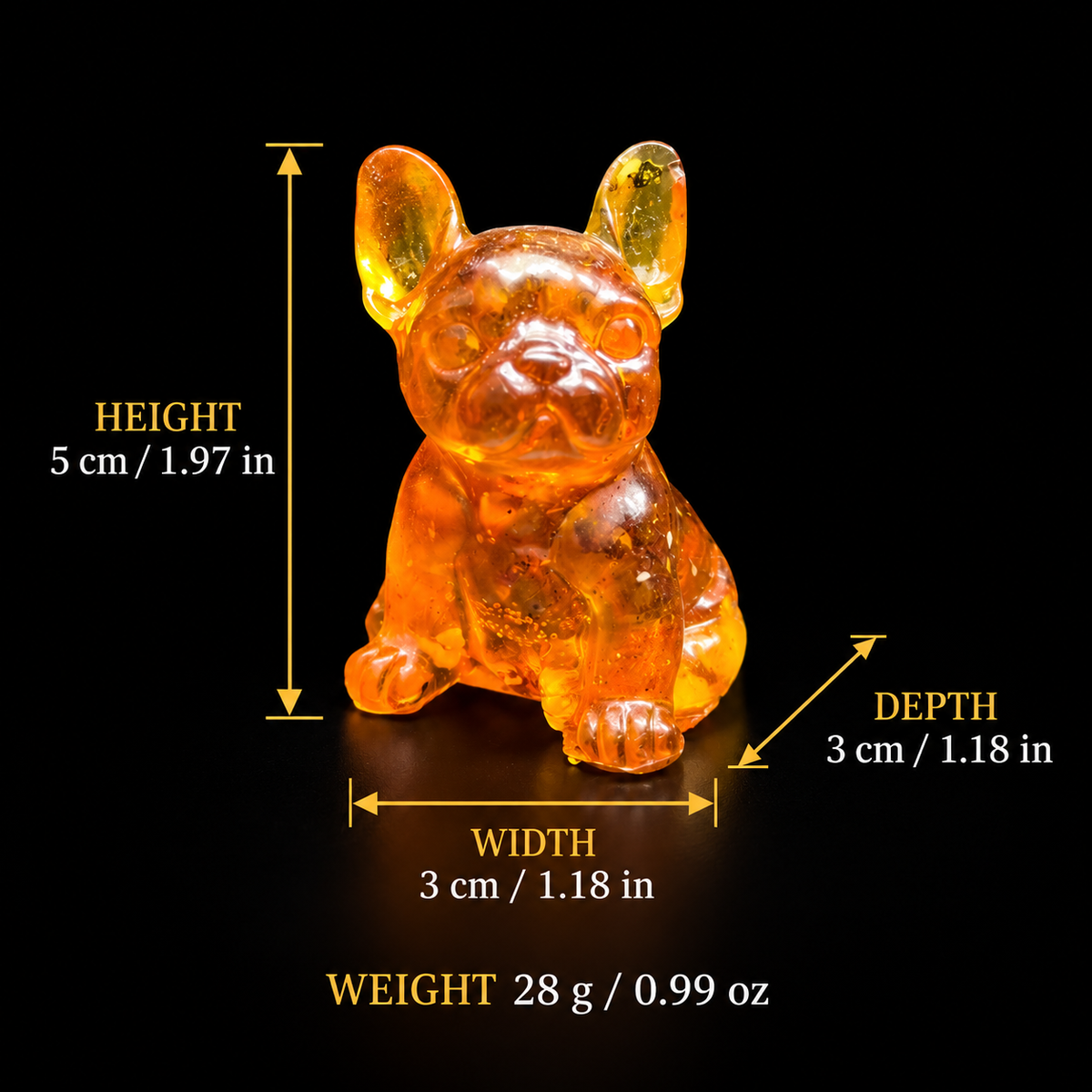 Amber French Bulldog size chart: height 5 cm (1.97 in), depth 3 cm (1.18 in), width 3 cm (1.18 in), weight 28 g (0.99 oz).