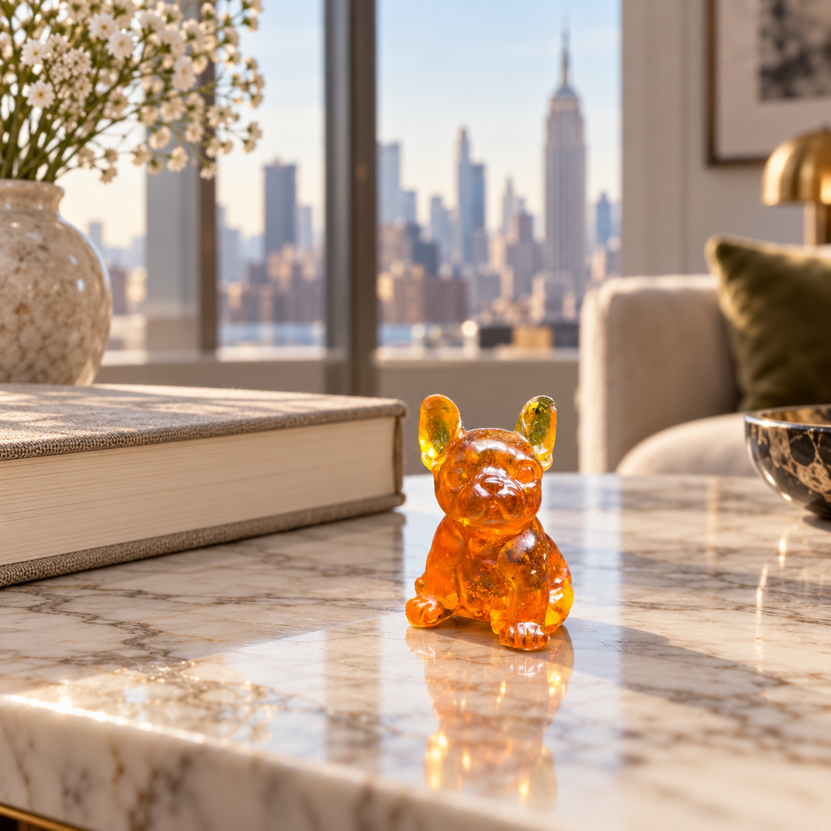 Small amber French Bulldog on a glossy veined table beside a thick book, with white flowers and a city skyline in the background.