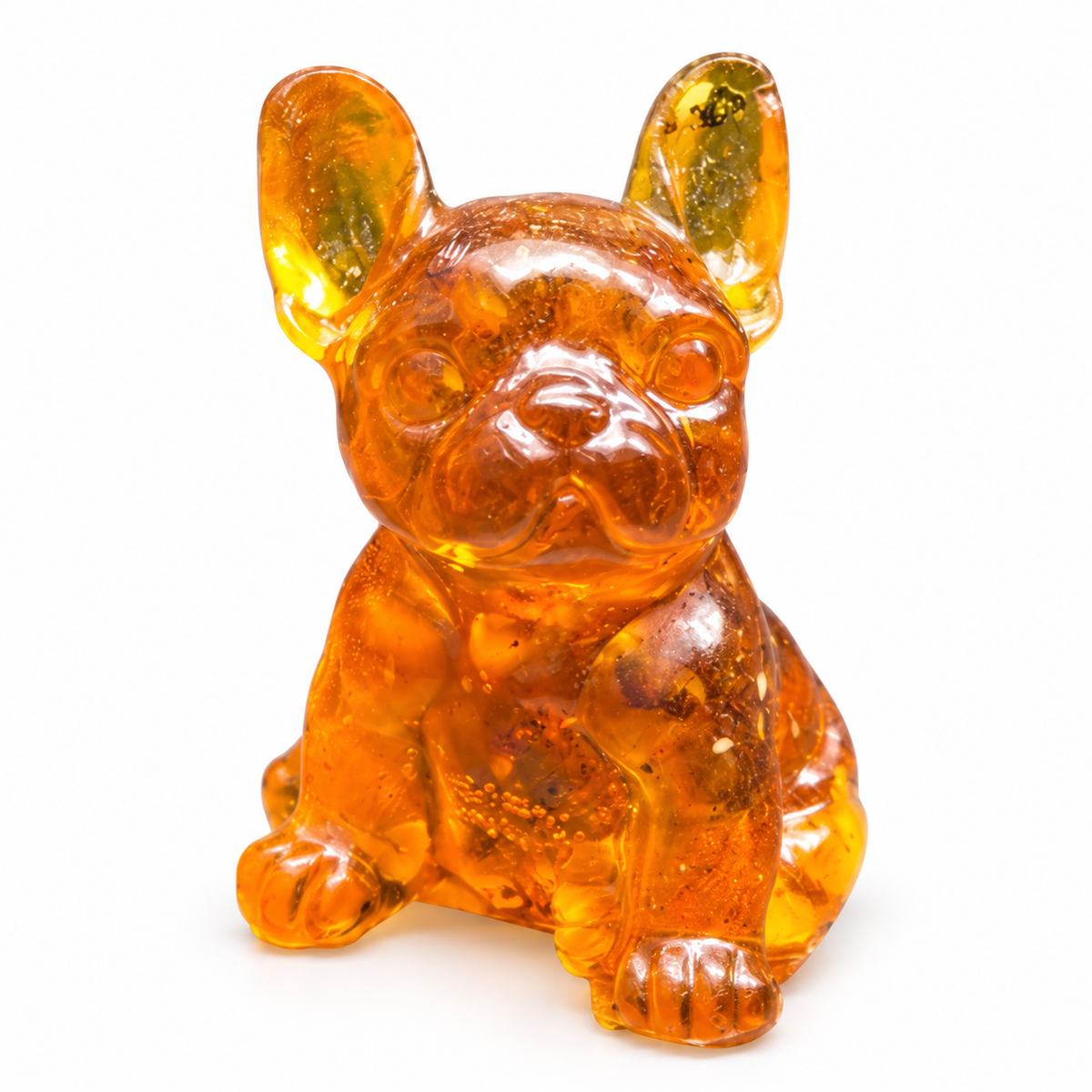 Amber French Bulldog on white, showing rounded upright ears, a wrinkled short muzzle, broad front paws and a smooth seated body.