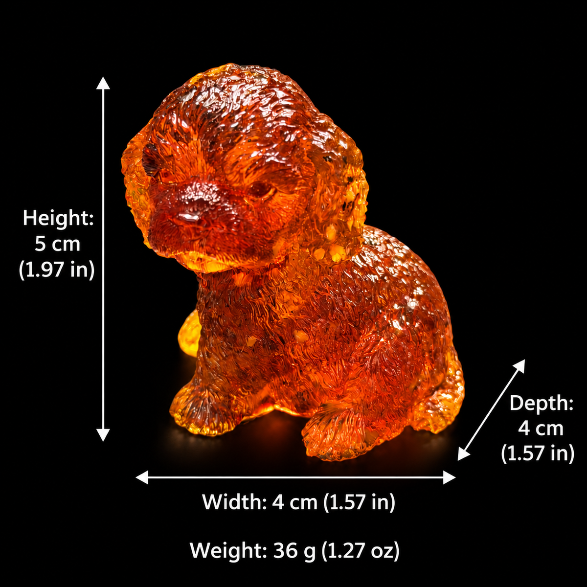 Curly amber puppy size chart on black: height 5 cm (1.97 in), depth 4 cm (1.57 in), width 4 cm (1.57 in), weight 36 g (1.27 oz).
