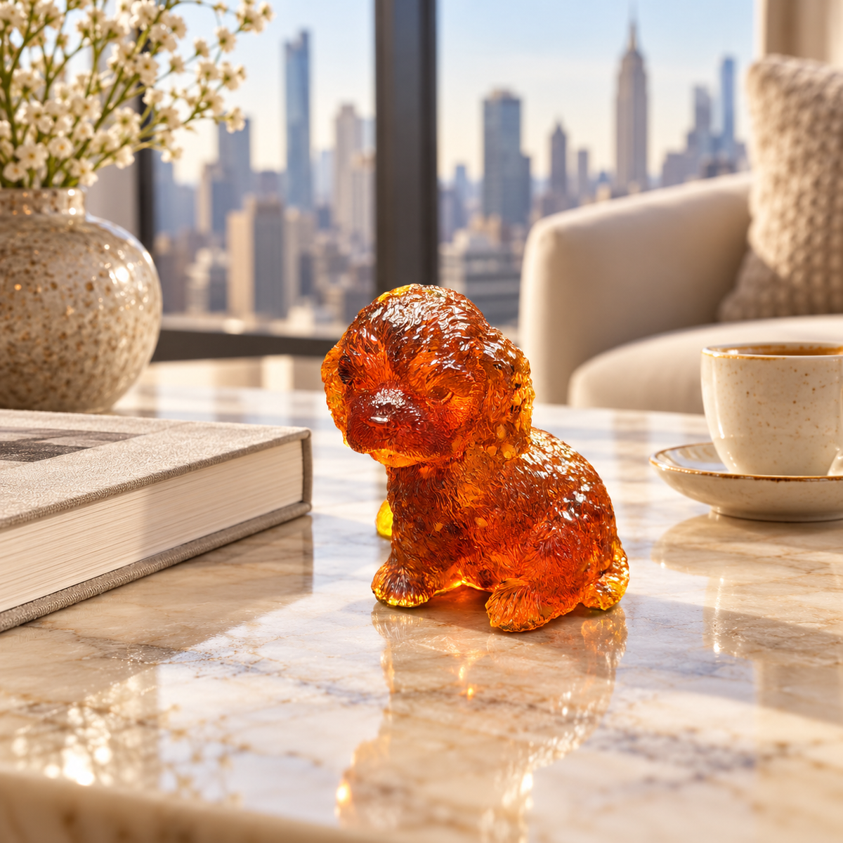 Curly amber puppy on a veined tabletop between a book and cup, with a flower vase, pale armchair and city skyline behind.