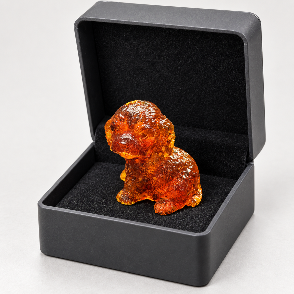 Curly amber puppy seated in an open charcoal gift box on a white surface, with the raised lid and black lining framing the figure.