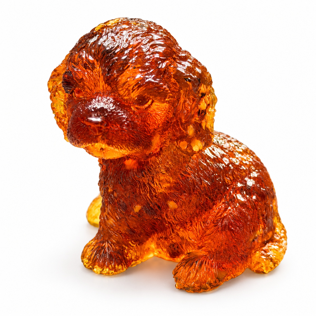 Curly-coated amber puppy on white, with a rounded muzzle, drooping ears and sculpted curls across its seated body and paws.