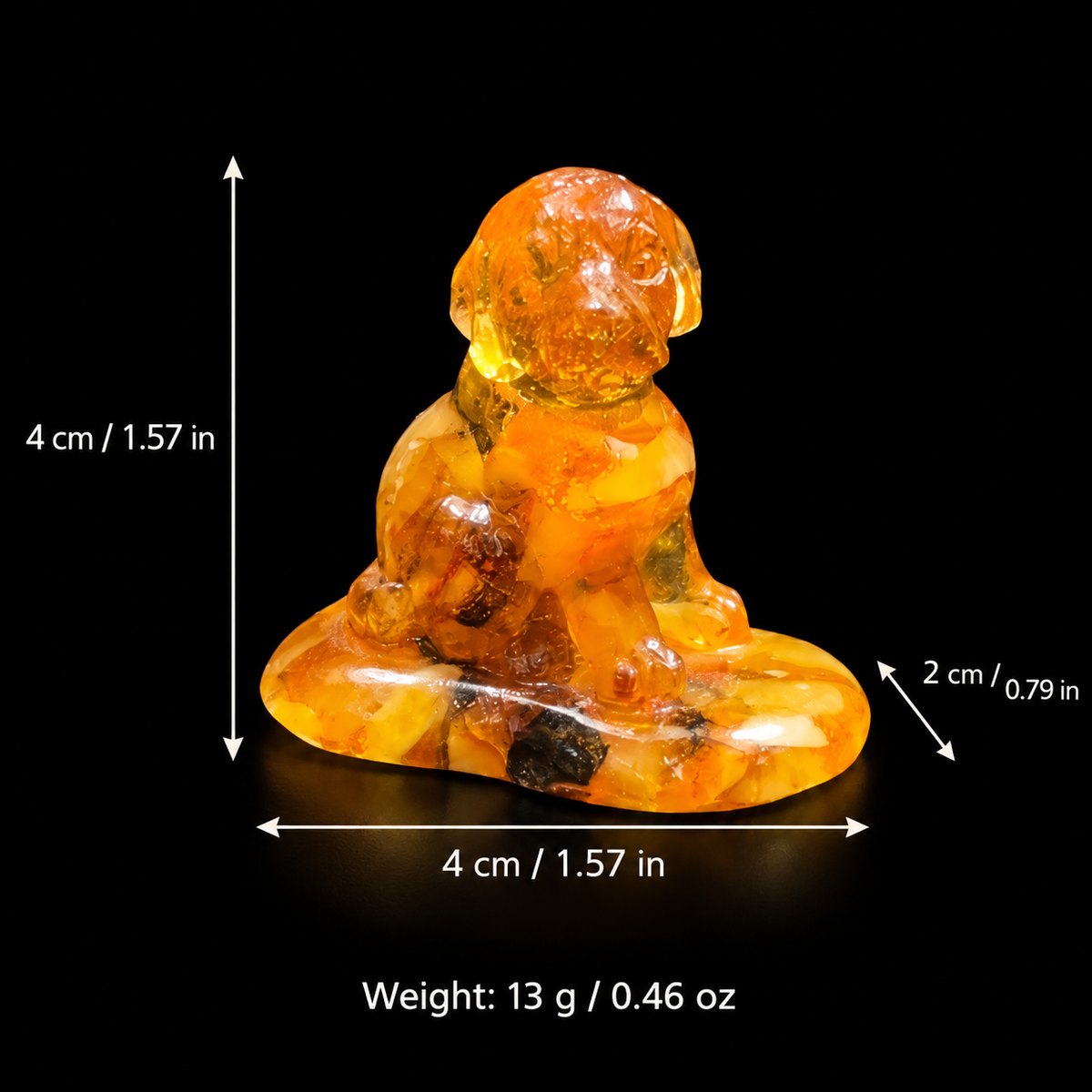 Amber puppy on oval base size chart: height 4 cm (1.57 in), depth 2 cm (0.79 in), width 4 cm (1.57 in), weight 13 g (0.46 oz).