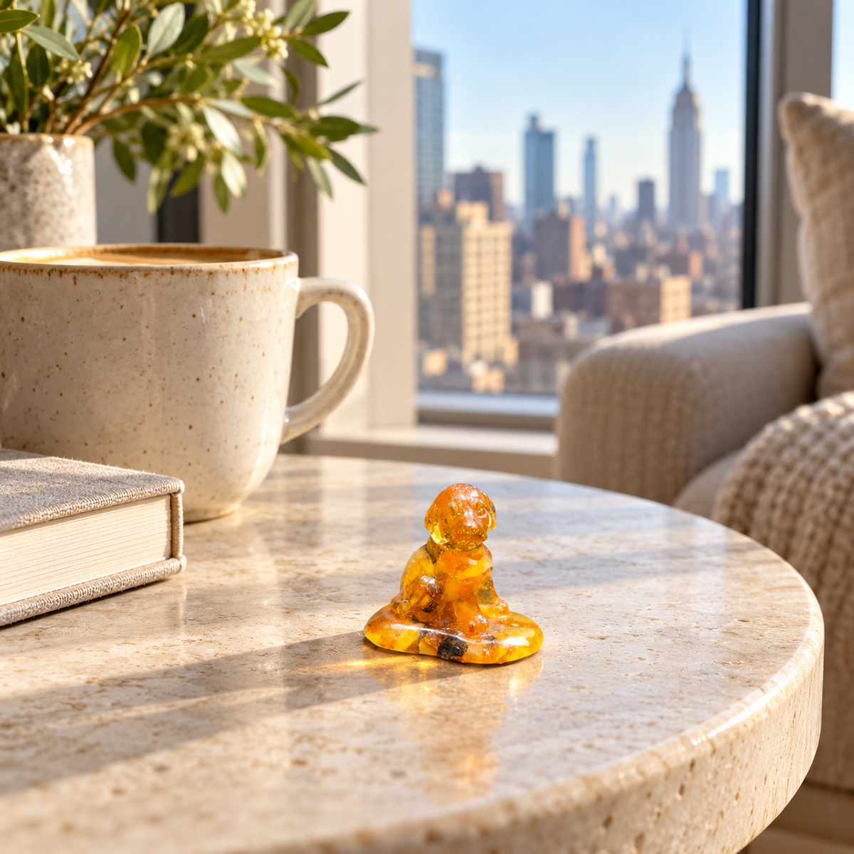 Tiny amber puppy on an oval base beside a large cup and closed book on a round stone tabletop, with a bright city view beyond.