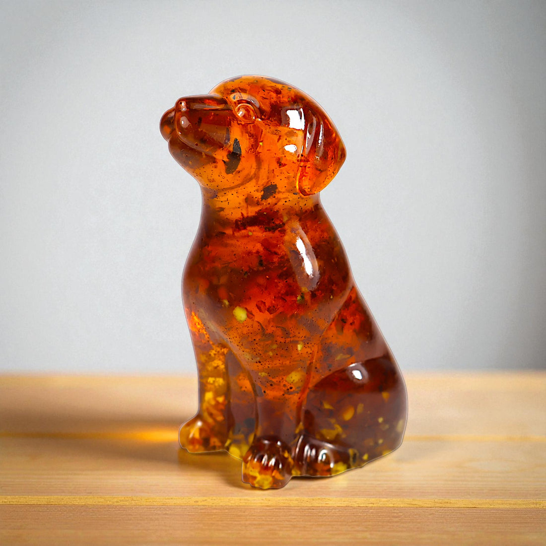 KIZIMA® collectible Baltic amber dog figurine — genuine amber decor, handmade in USA, detail view