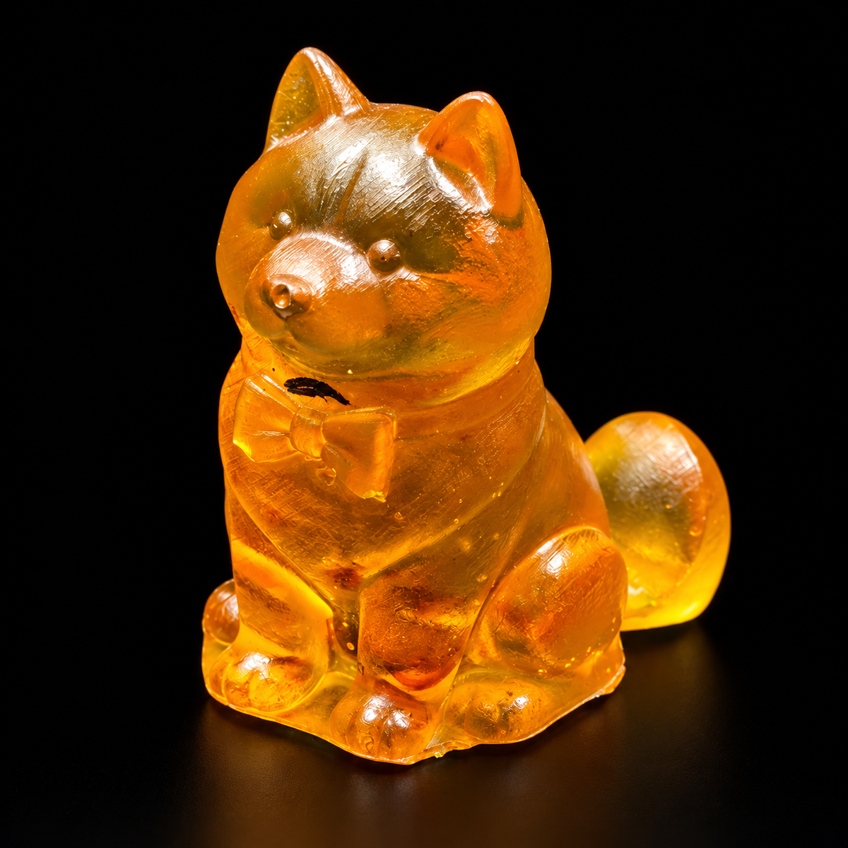Golden amber puppy sitting with pointed ears, a neck bow and a rounded curled tail, shown against black.