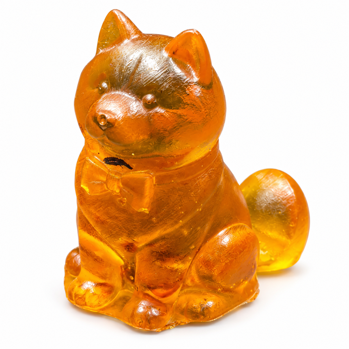 Front three-quarter view of the amber bow-wearing puppy on white, with its rounded muzzle and front paws clearly visible.