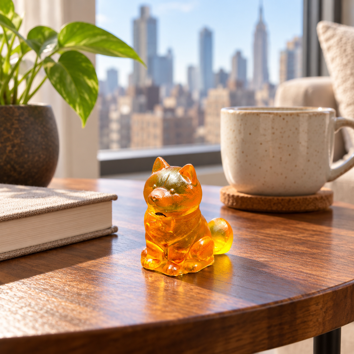 Small amber puppy on a wooden table beside a book, potted plant and large mug, with a city skyline beyond.
