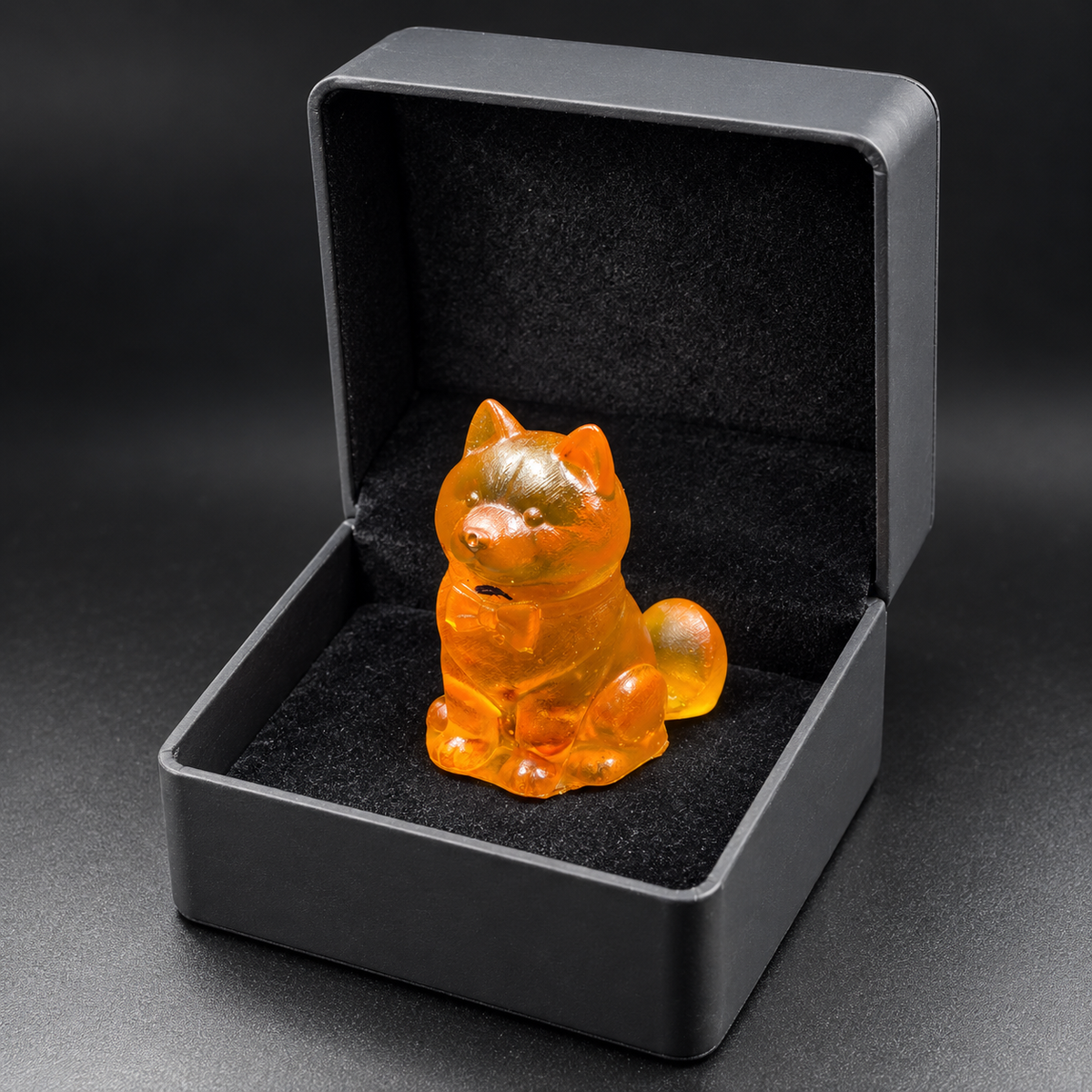 Bow-wearing amber puppy seated in a fitted black insert, framed by the raised lid of a dark hinged gift box.