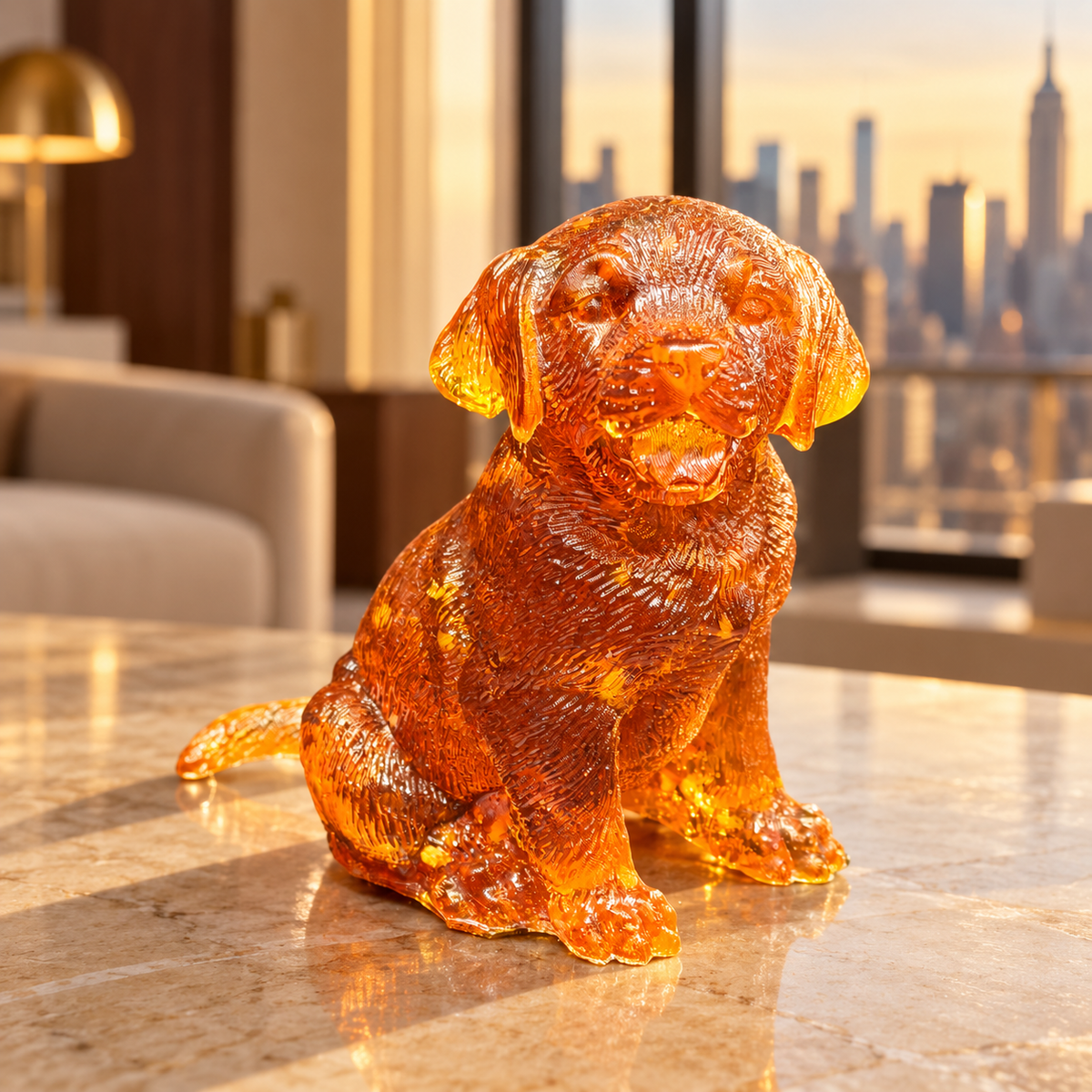 Amber Labrador puppy on a pale veined tabletop, lit by warm window light with a sofa and blurred city skyline behind it.