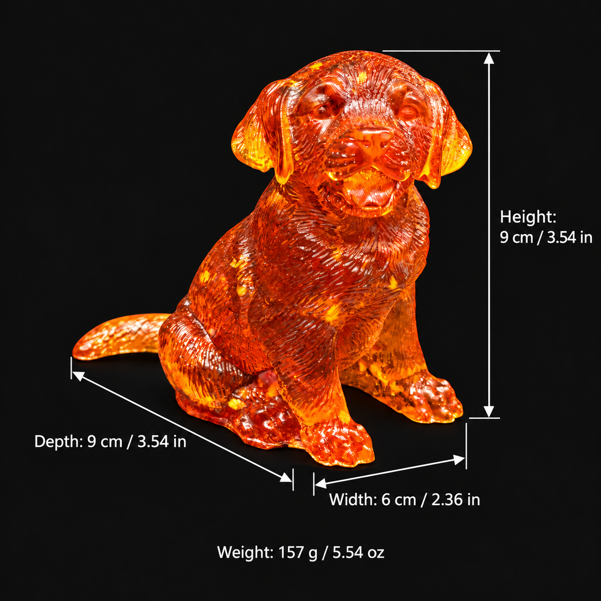 Amber Labrador puppy size chart: height 9 cm (3.54 in), depth 9 cm (3.54 in), width 6 cm (2.36 in); weight 157 g (5.54 oz).