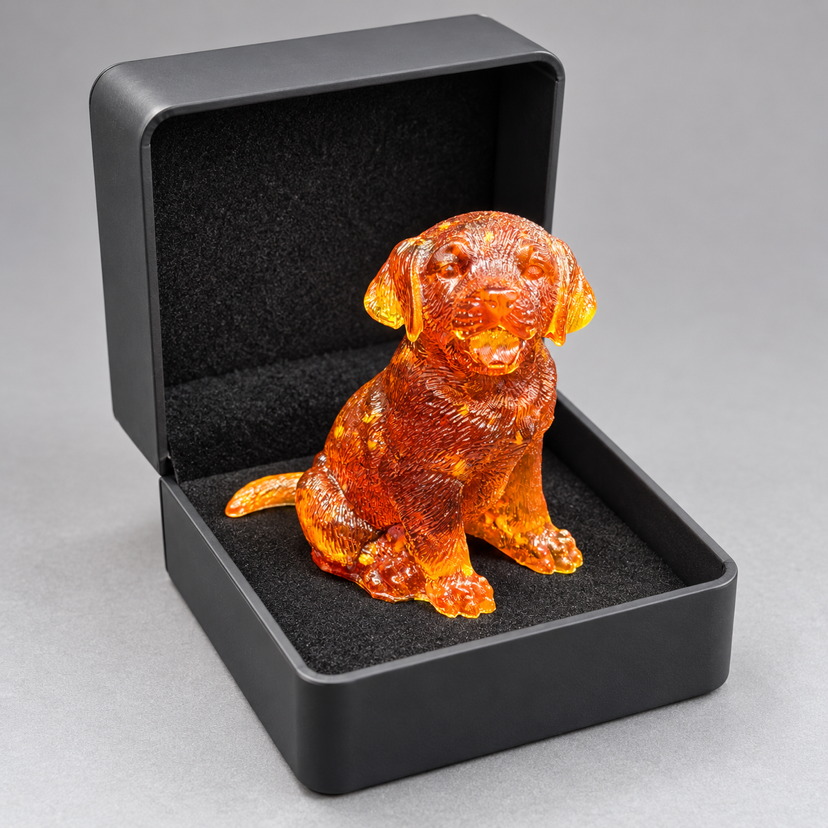 Amber Labrador puppy seated in an open dark gift box, with its tongue out and tail resting across the black padded base.