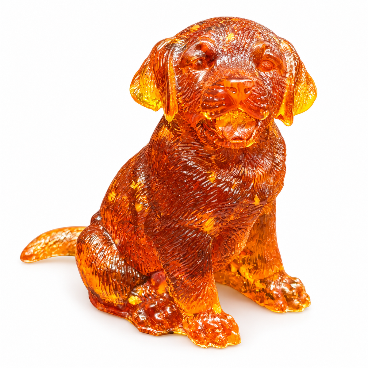 Three-quarter view of an amber Labrador puppy on white, showing carved fur, broad front paws and a curved tail beside its seated body.