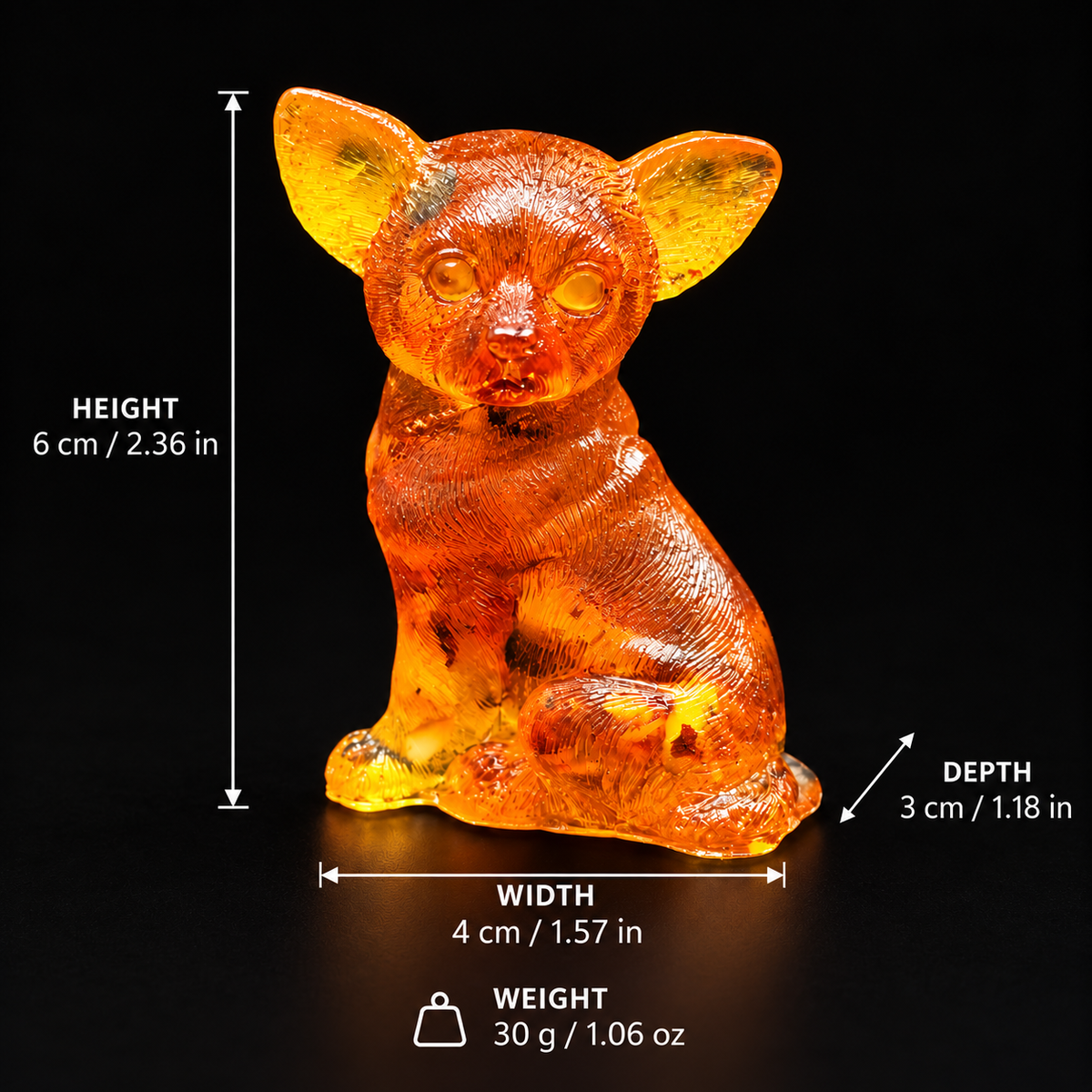 Sitting amber Chihuahua size chart: height 6 cm (2.36 in), depth 3 cm (1.18 in), width 4 cm (1.57 in); weight 30 g (1.06 oz).