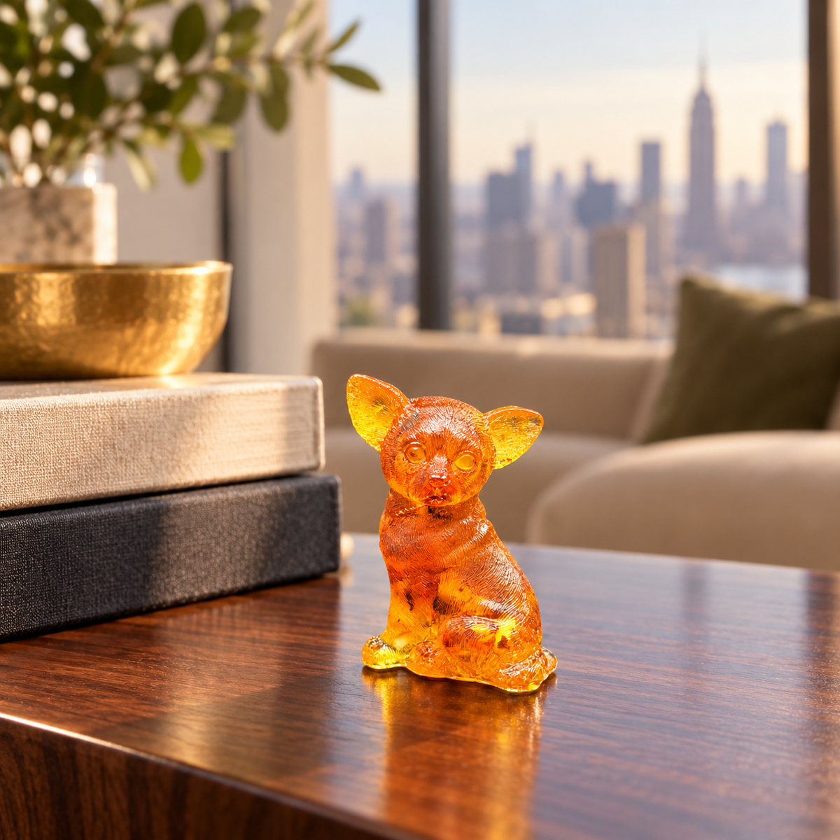 Small amber Chihuahua on a polished wood console beside stacked books, with a bowl, pale sofa and blurred skyline behind it.
