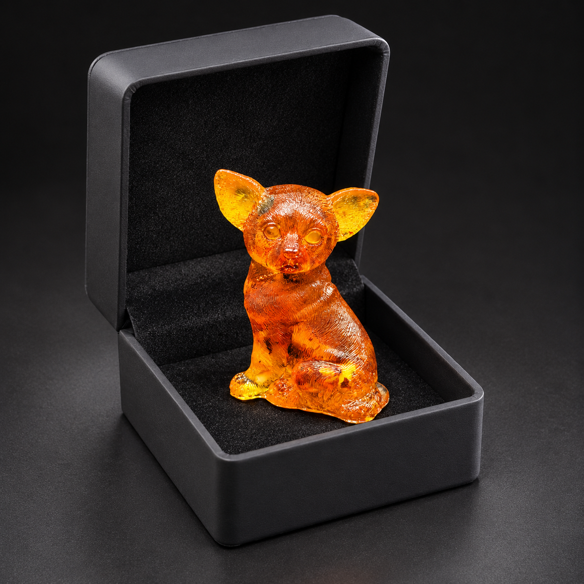 Big-eared amber Chihuahua sitting upright on the black insert of an open charcoal gift box, with its face turned toward the viewer.