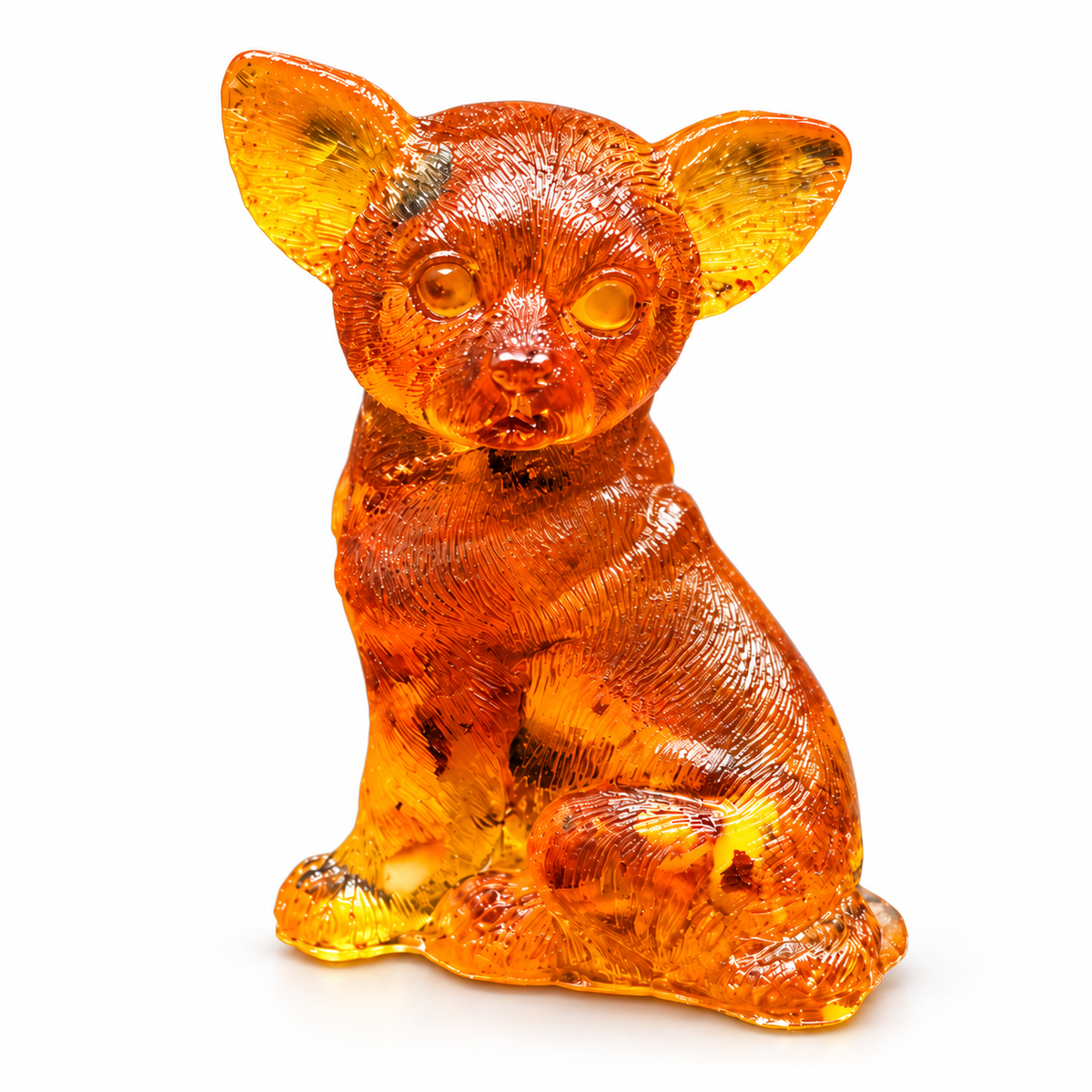 Front three-quarter view of a seated amber Chihuahua on white, highlighting its broad ears, fine fur grooves and curled tail.