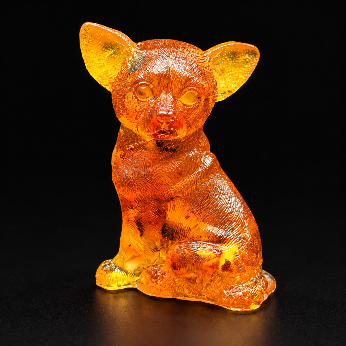 Amber Chihuahua seated against black, with oversized upright ears, a rounded head and its tail curled along the base.
