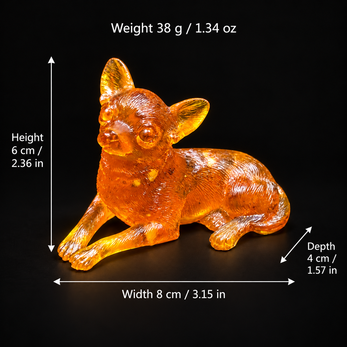 Reclining amber Chihuahua size chart: height 6 cm (2.36 in), depth 4 cm (1.57 in), width 8 cm (3.15 in); weight 38 g (1.34 oz).