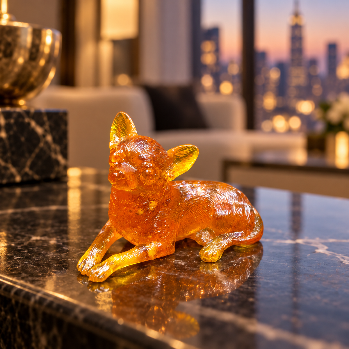 Reclining amber Chihuahua reflected on a dark veined tabletop, with a softly blurred sofa, lamp and evening skyline behind it.