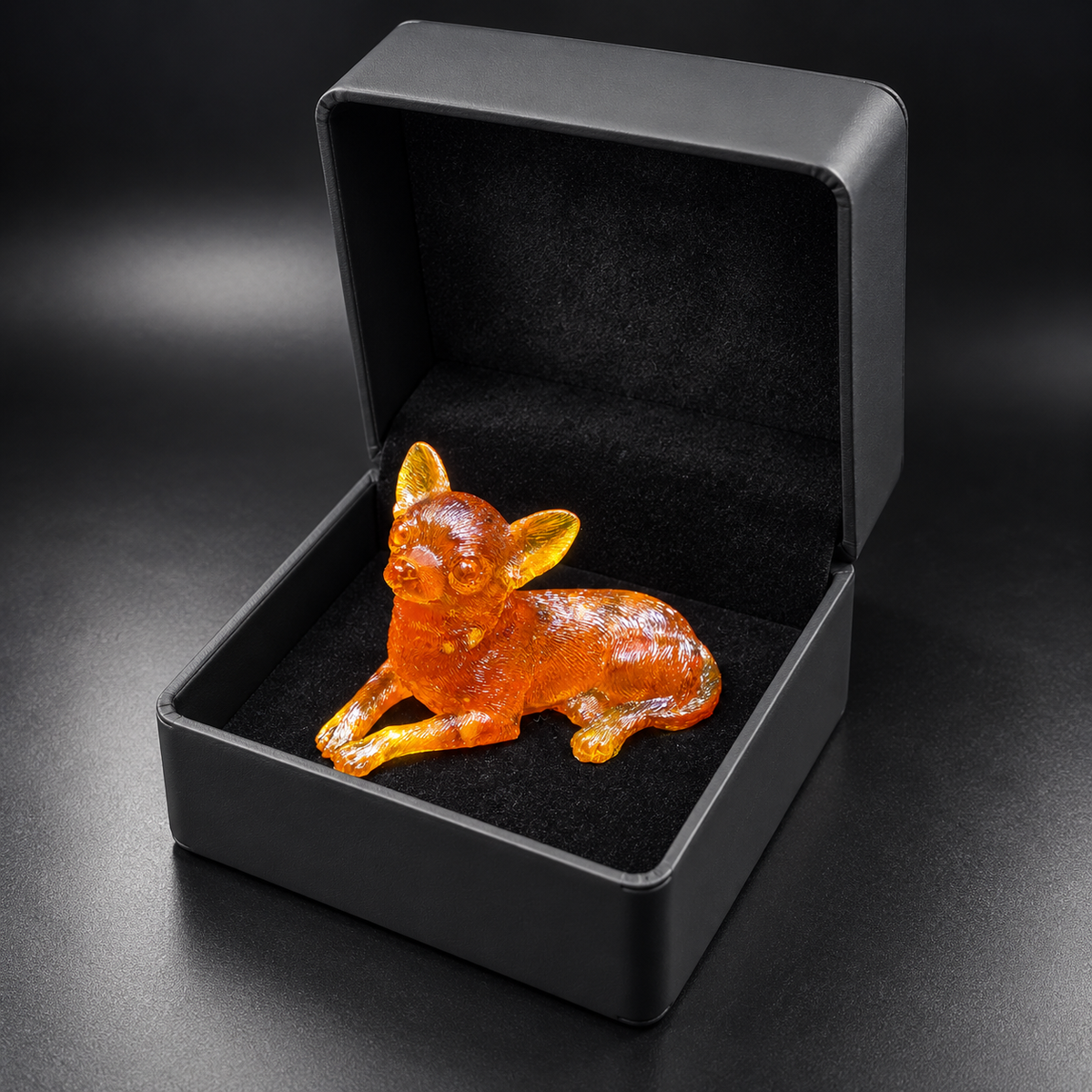 Amber Chihuahua lying in the black-lined base of an open charcoal gift box, with its head raised and front paws extended.