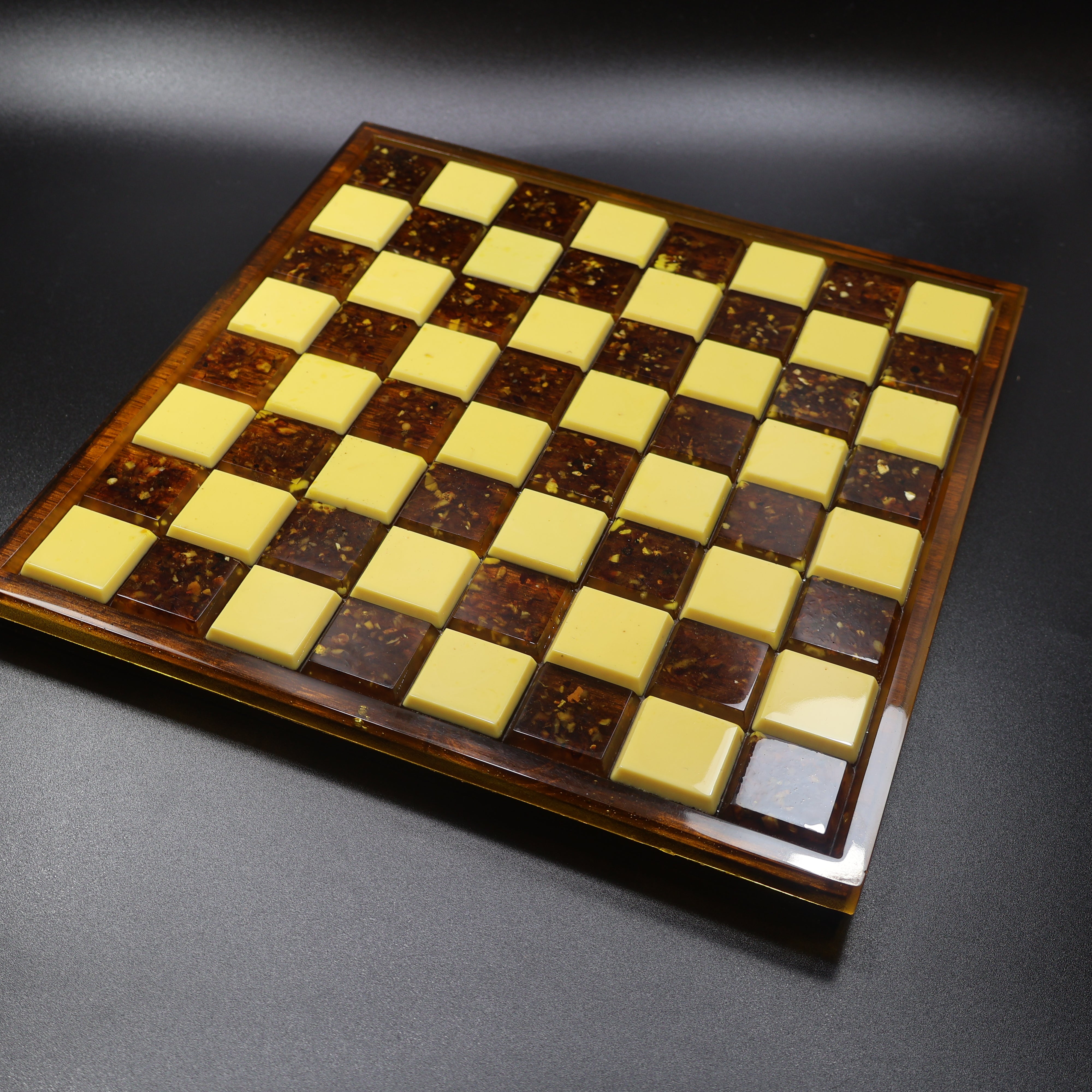 Natural Baltic amber chess board with wooden border, cream and amber squares, luxury collector board KIZIMA