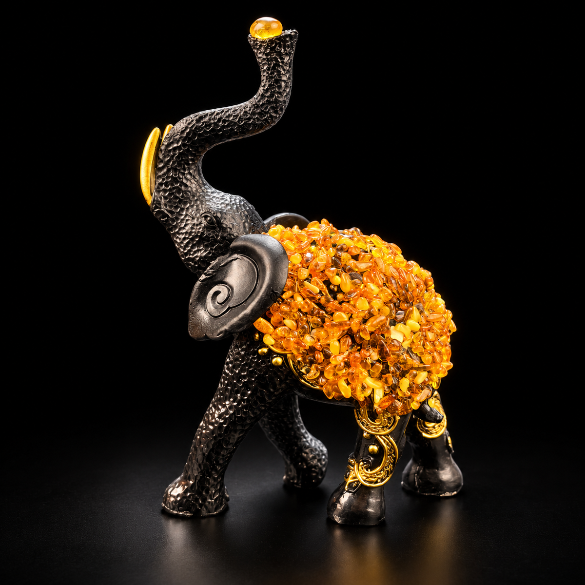 Made in USA Natural Baltic Amber African Elephant sculpture, tall figurine with trunk raised and amber mosaic back, black studio background — KIZIMA®