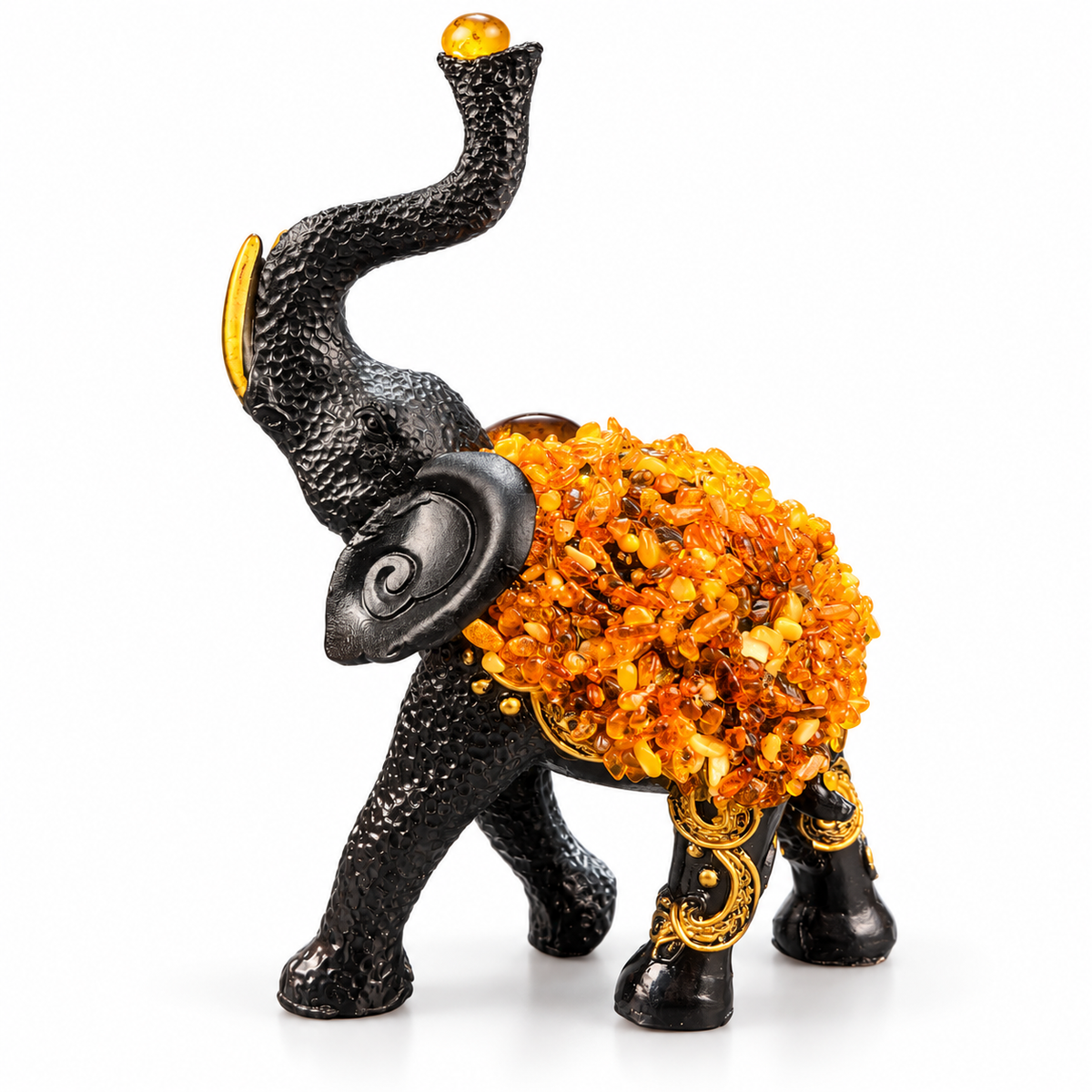 Natural Baltic Amber African Elephant figurine by KIZIMA®, white background, large elephant sculpture trunk up