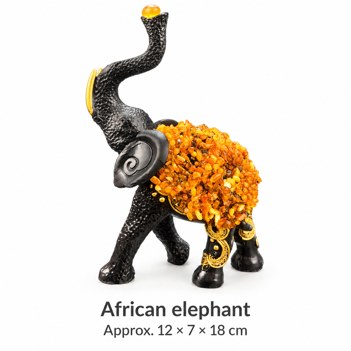 Size chart: KIZIMA® Baltic amber African Elephant, approx. 12 x 7 x 18 cm (4.7 x 2.8 x 7.1 in)
