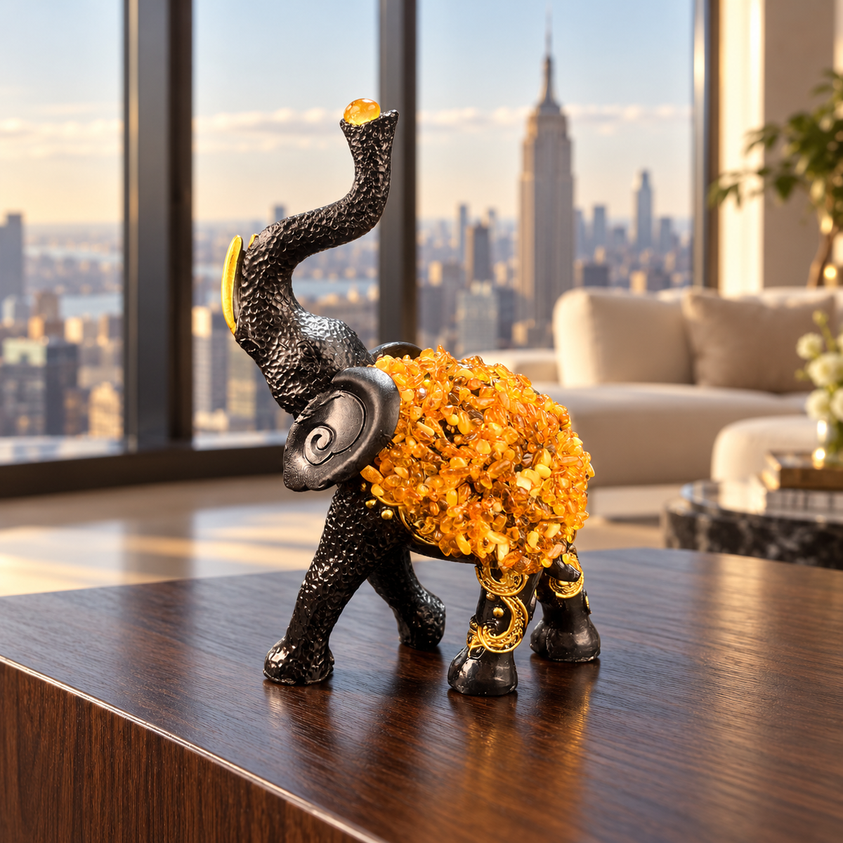 Baltic amber African Elephant sculpture in a New York interior — handmade in Brooklyn by KIZIMA®