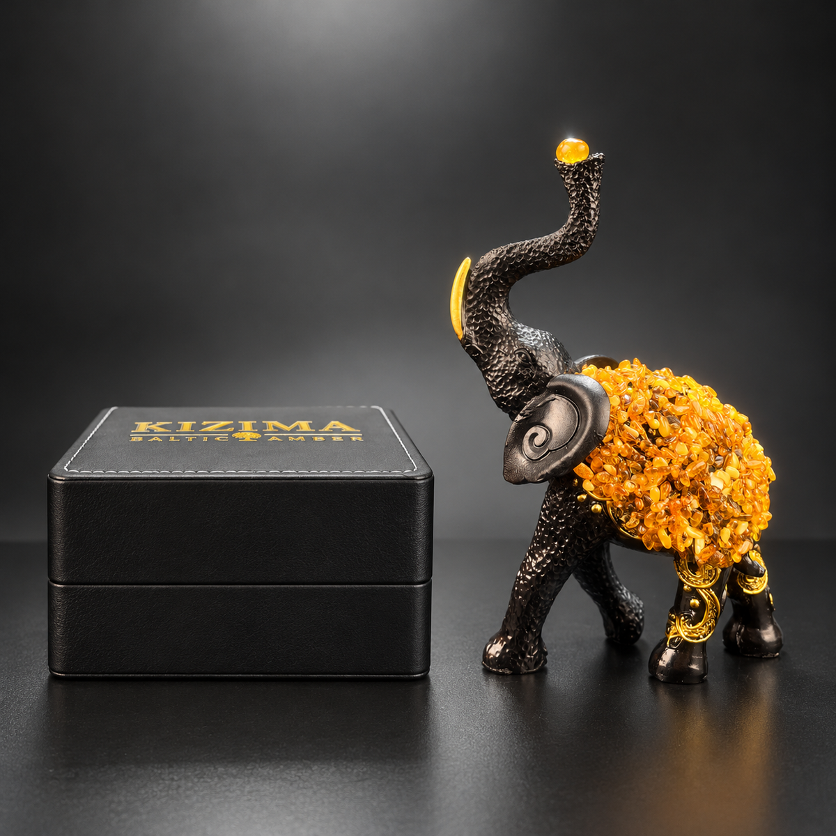 Baltic amber African Elephant sculpture with KIZIMA® black gift box — luxury elephant collectible gift