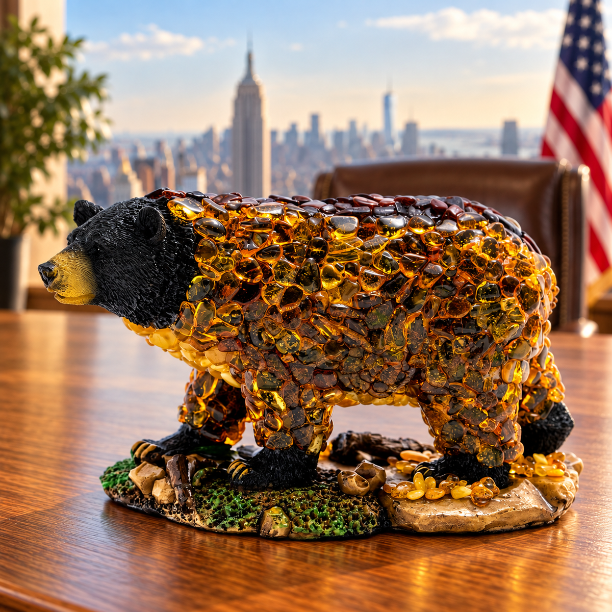 Standard Baltic amber mosaic bear displayed in a Manhattan office with an American flag and city windows in the background.