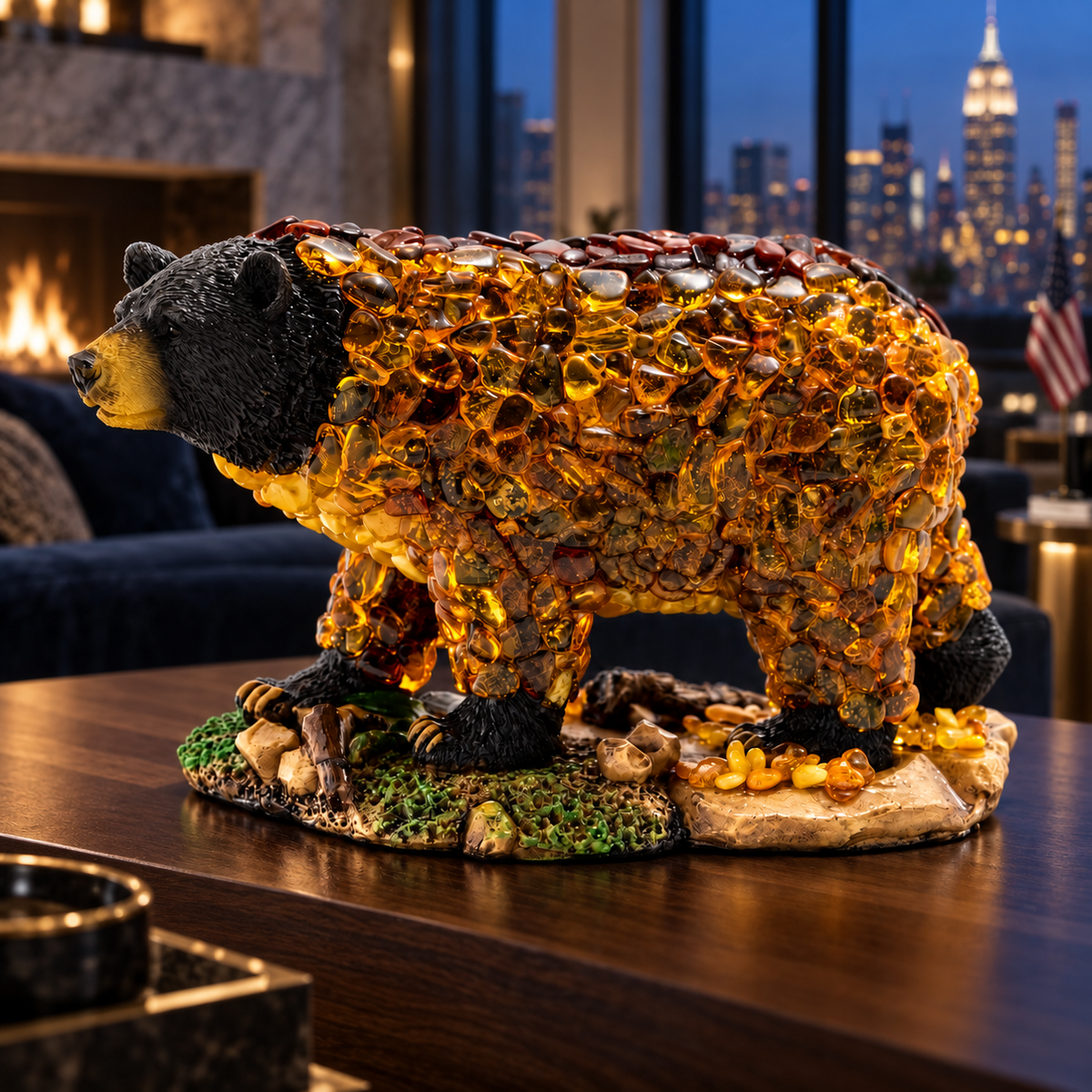 Amber mosaic bear on a walnut console in a Manhattan living room, with a glowing fireplace, evening skyline and American flag softly blurred behind it.