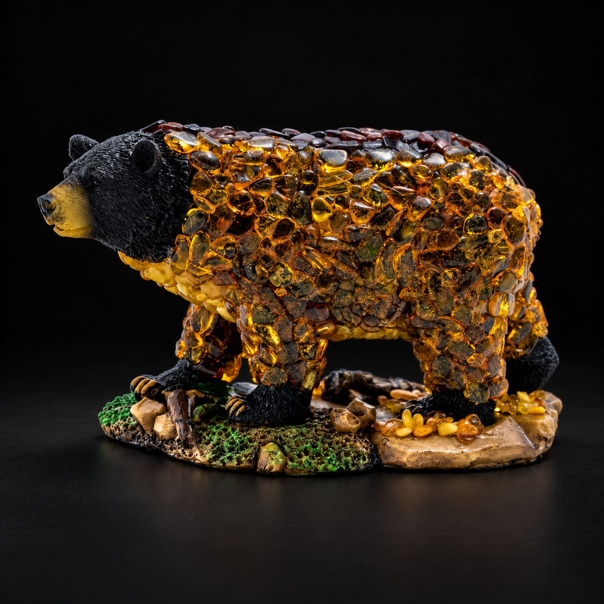 Standard KIZIMA amber mosaic bear with a dark head and paws, standing on a moss-accented rocky base against black.